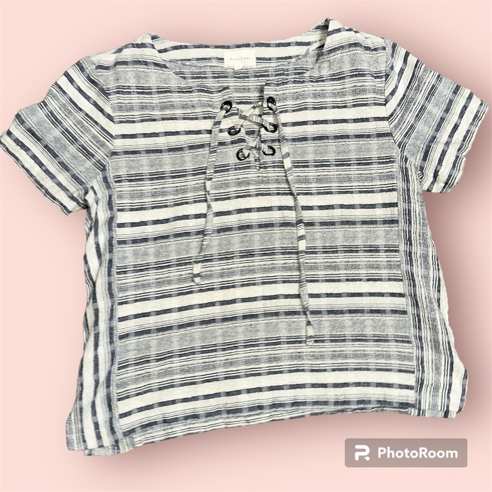 Mello Day Striped Lace Up Blue Short Sleeve Top